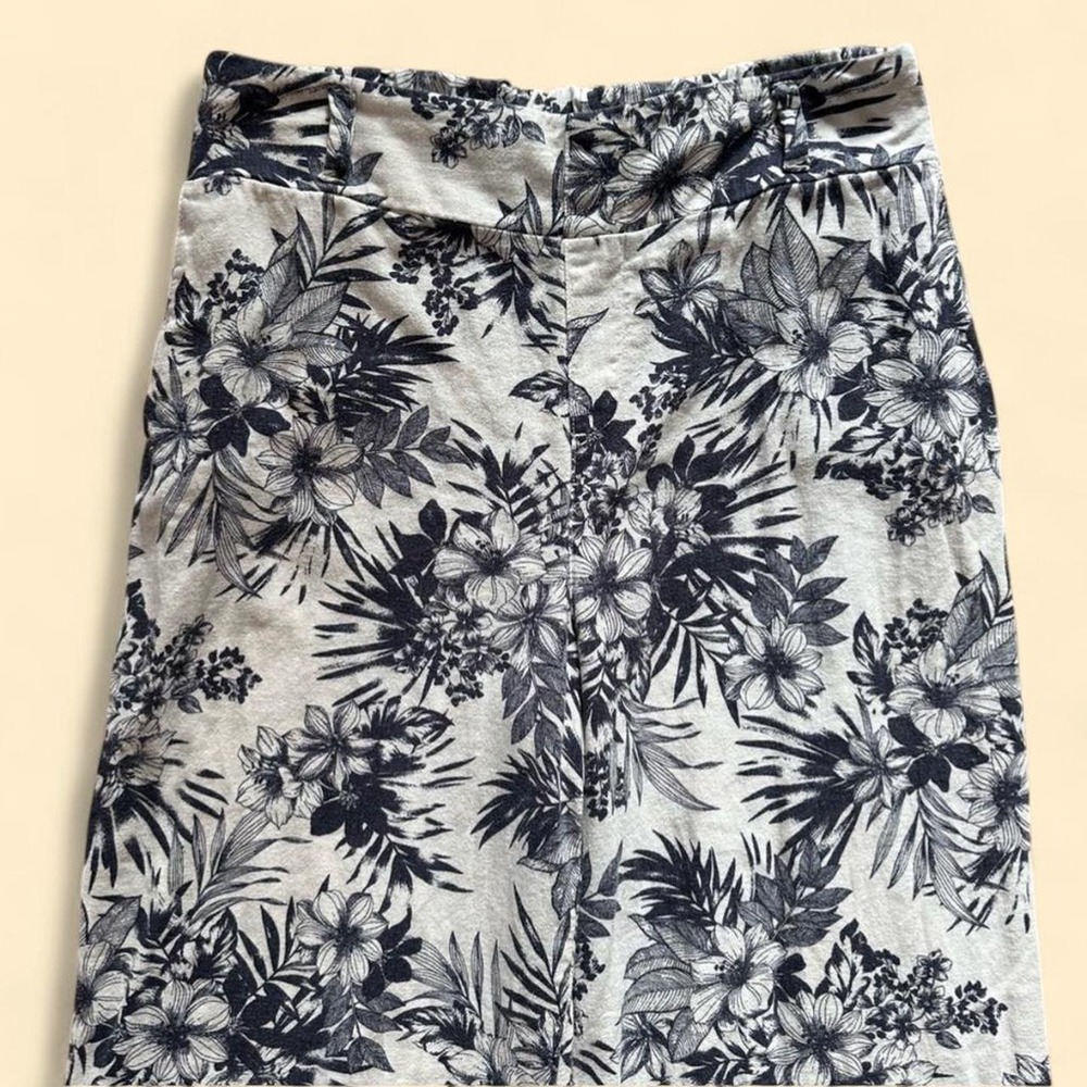 Beau Dawson Wide Leg Pants Large Navy White Tropical Floral Linen Blend Pockets - Picture 3 of 4